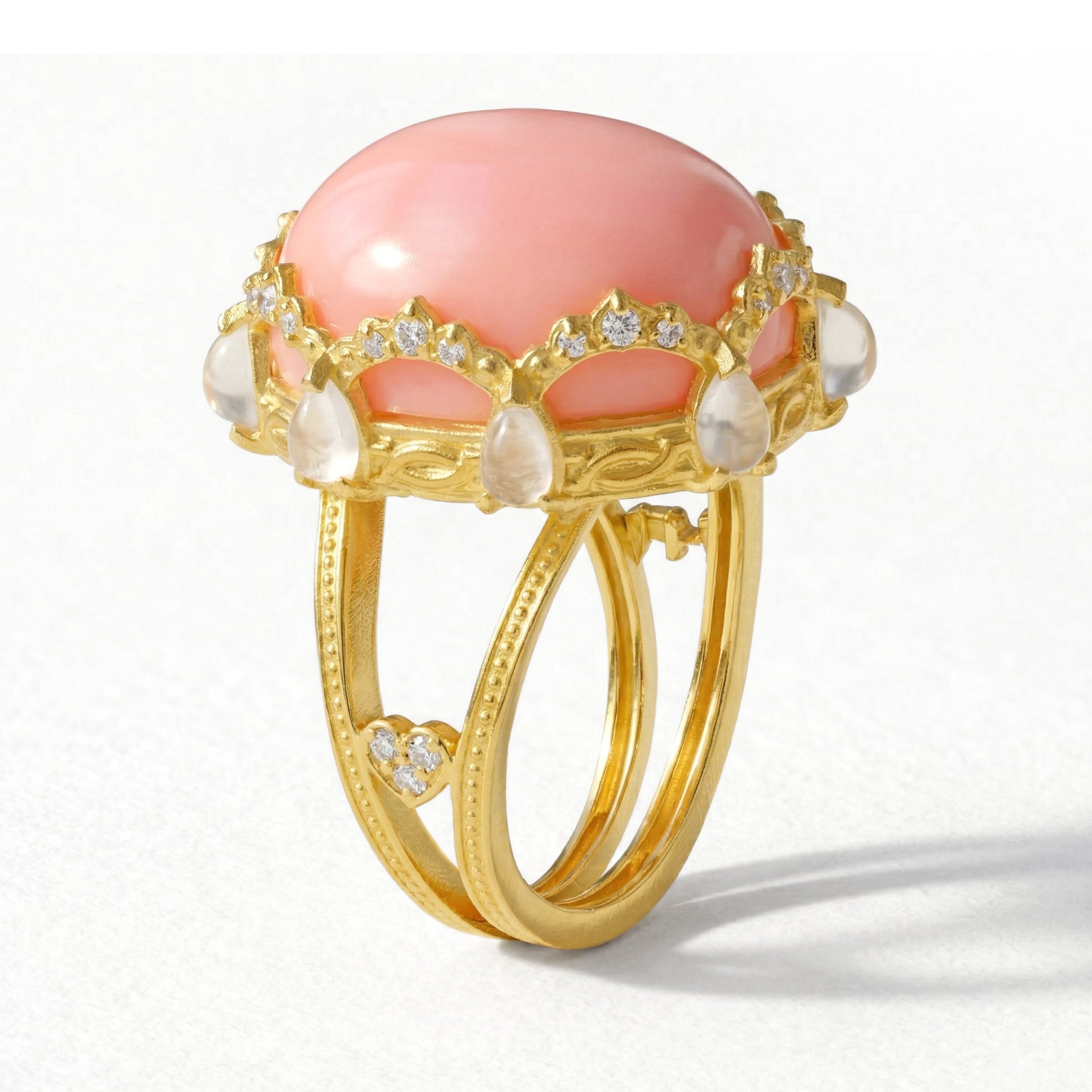 Stambolian Happiness 18K Gold Ring with Pink Peruvian Opal Crown Setting and Moonstones