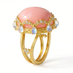 Happiness Pink Opal Moonstone Diamond Crown Ring