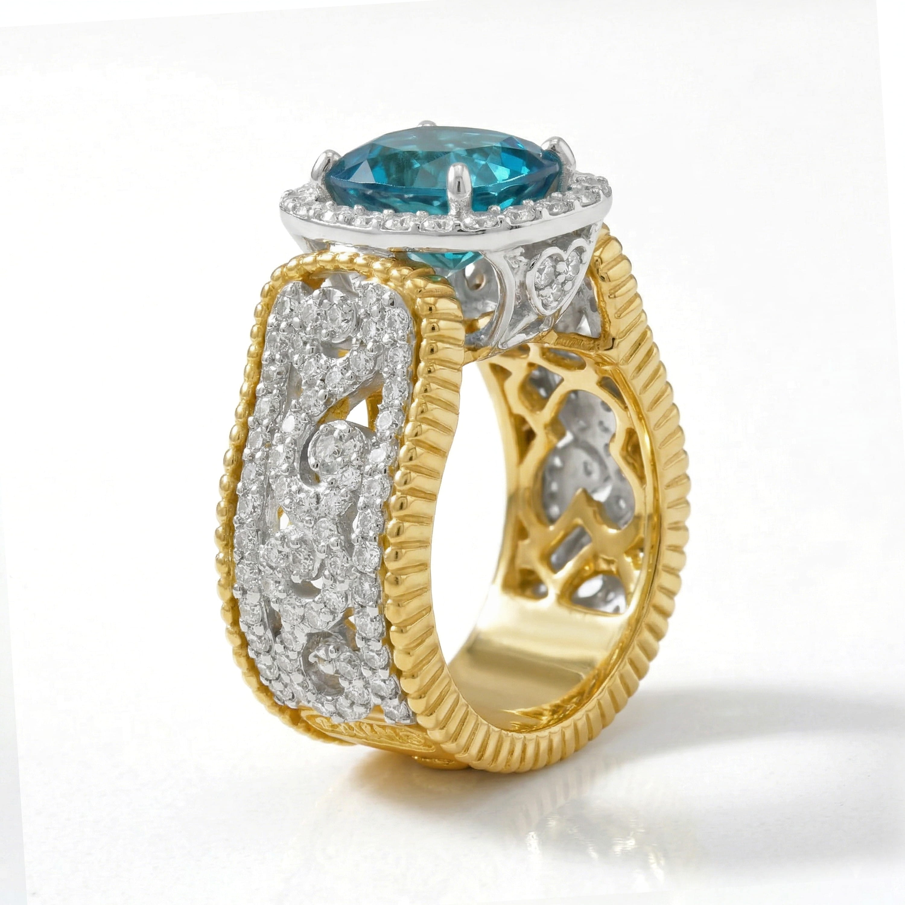 Stambolian Blue Zircon Ring Profile Showing Two Tone Gold Setting and Diamond Frame