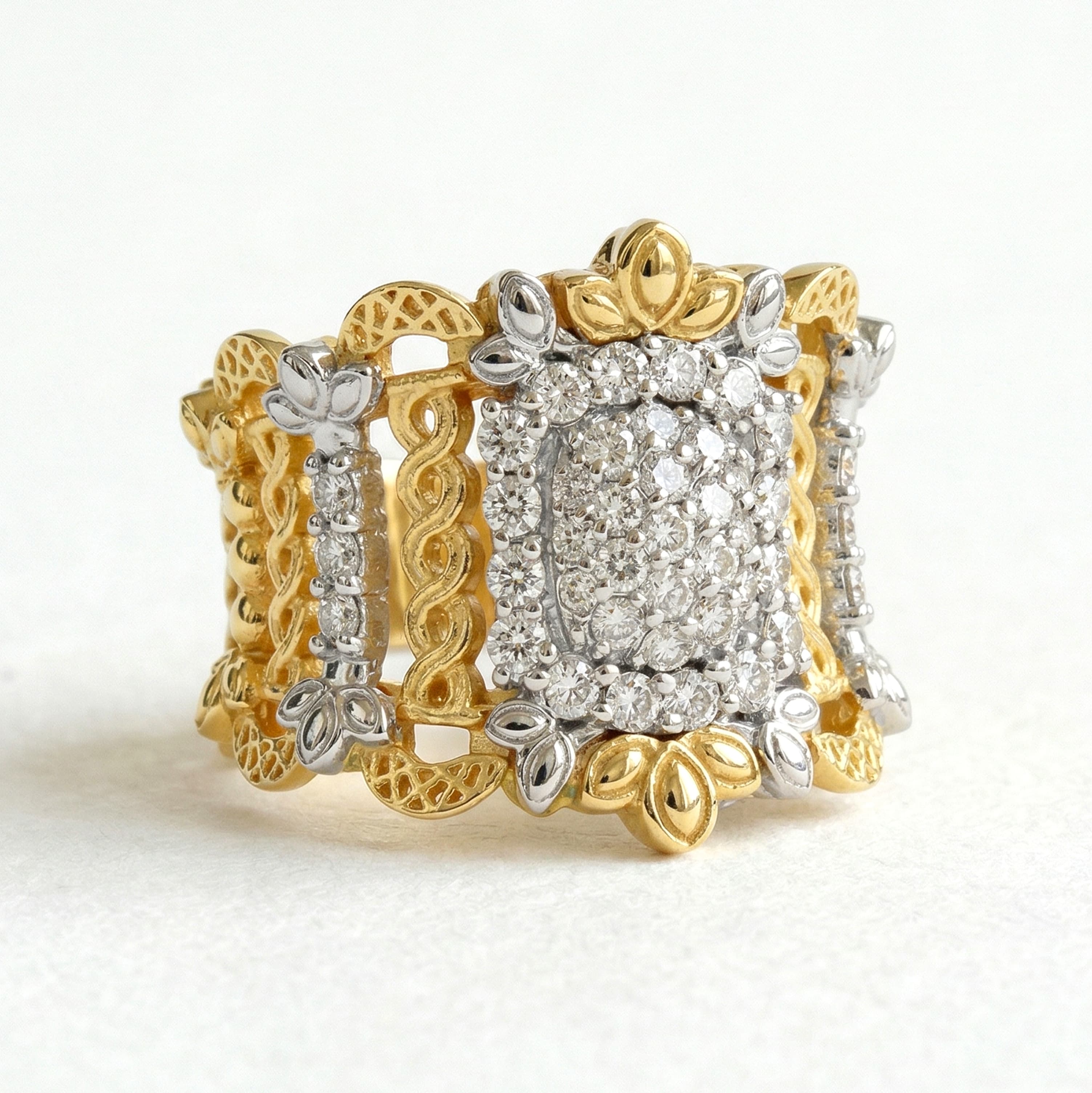 Stambolian Smile Wide 18K Two-Tone Gold Diamond Filigree Ring Front View