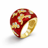RED ENAMEL 18K GOLD DIAMONDS FLORAL DOME RING