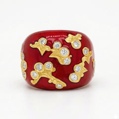 Stambolian Colors of Life 18K Gold Red Enamel Diamond Dome Ring Three-Quarter View