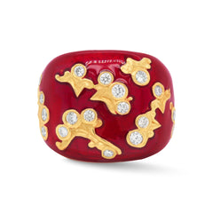 RED ENAMEL 18K GOLD DIAMONDS FLORAL DOME RING