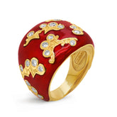 RED ENAMEL 18K GOLD DIAMONDS FLORAL DOME RING