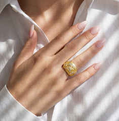 Stambolian 18K Yellow Gold Diamond Dome Ring Top View with Star-Set Diamonds