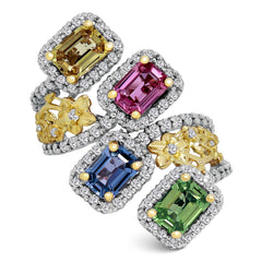 MAYFLOWER MULTI-COLOR SAPPHIRE DIAMONDS TWO TONE GOLD RING