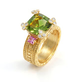 Happiness Peridot and Pink Sapphire Heart Engraved Ring