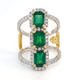Colombian Emerald Triple Rail Diamond Wide Ring