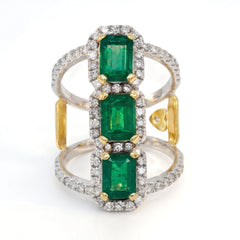 Colombian Emerald Triple Rail Diamond Wide Ring