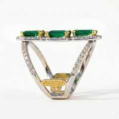 Colombian Emerald Triple Rail Diamond Wide Ring