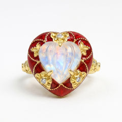 Candy Heart 18K Gold Rainbow Moonstone Red Enamel Ring