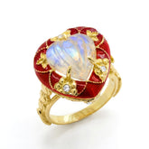 Candy Heart 18K Gold Rainbow Moonstone Red Enamel Ring