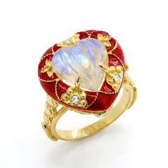 Candy Heart 18K Gold Rainbow Moonstone Red Enamel Ring