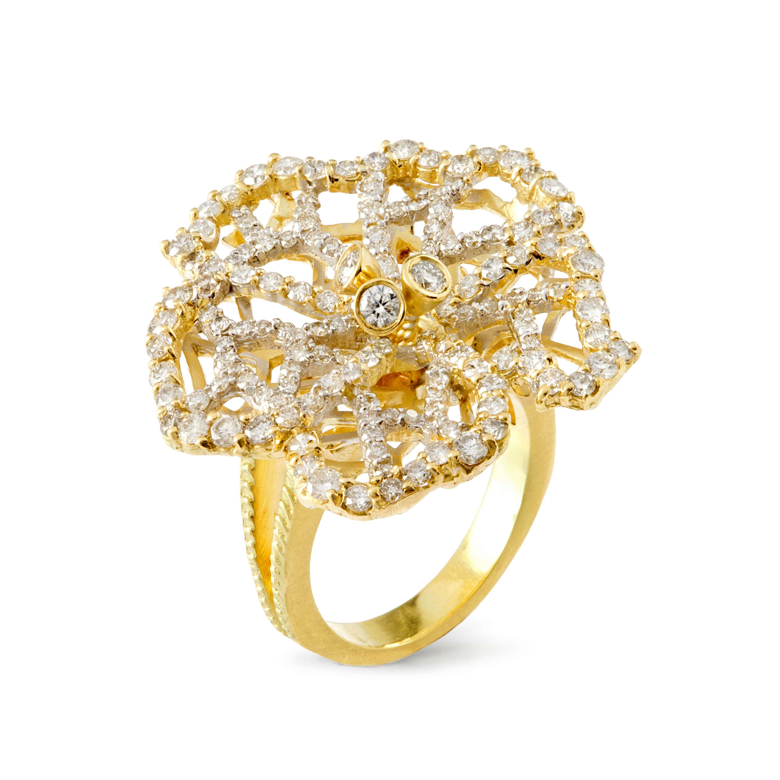 Stambolian Hibiscus 18K Gold Pavé Diamond Flower Ring Front View on White Background