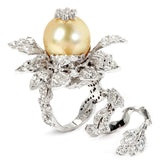 YELLOW SOUTH SEA PEARL AND DIAMONDS FLOWER TWISTED TREMBLE RING