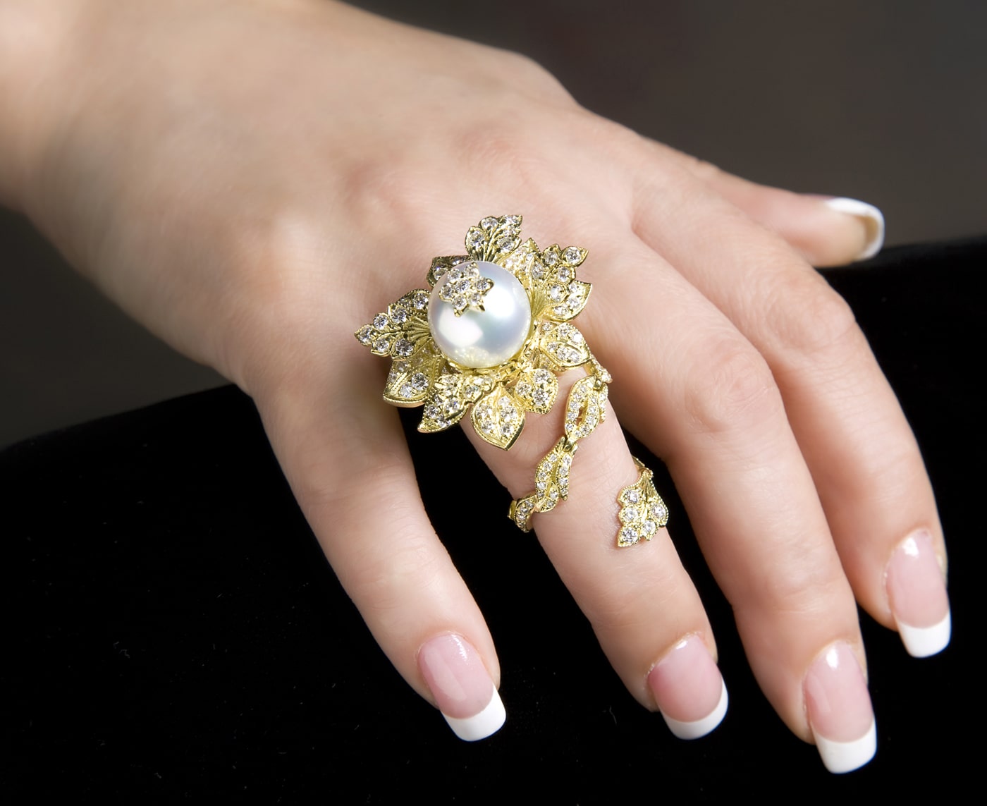 Stambolian 18K White Gold Diamond Floral Tremble Ring with Yellow South Sea Pearl
