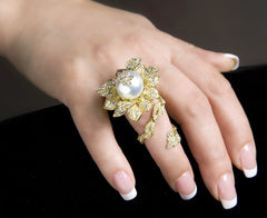 Stambolian 18K White Gold Diamond Floral Tremble Ring with Yellow South Sea Pearl