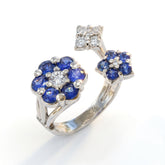 Three Cluster Blue Sapphire Diamond Bypass Ring