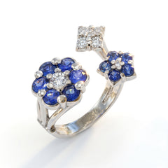 Three Cluster Blue Sapphire Diamond Bypass Ring
