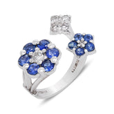 THREE CLUSTER 18K WHITE GOLD BLUE SAPPHIRES AND DIAMONDS RING