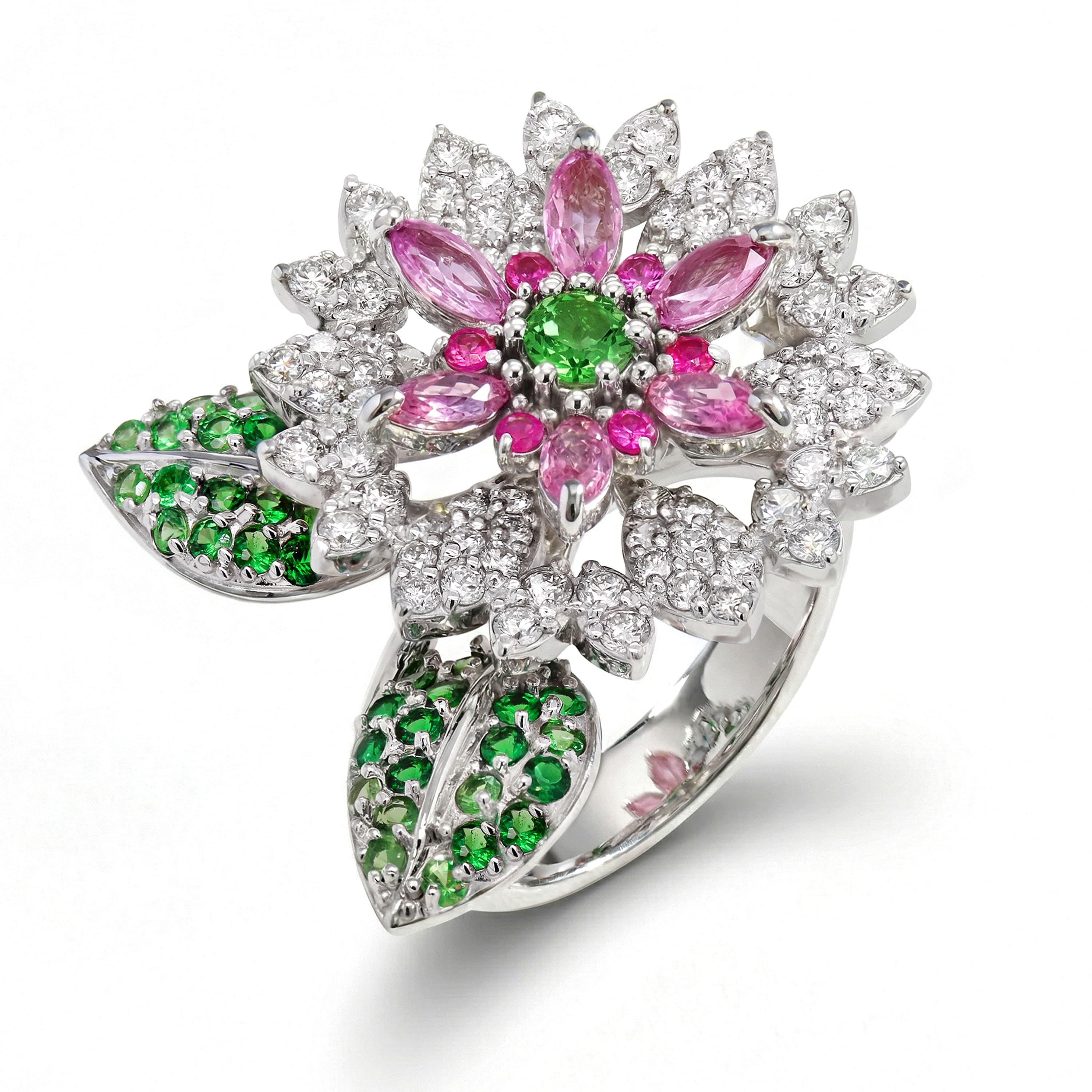 Stambolian Blooming Orchid 18K Gold Pink Sapphire Tsavorite Diamond Ring Front View