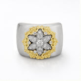 STARBURST 18K TWO TONE GOLD DIAMOND FLOWER WIDE BAND RING