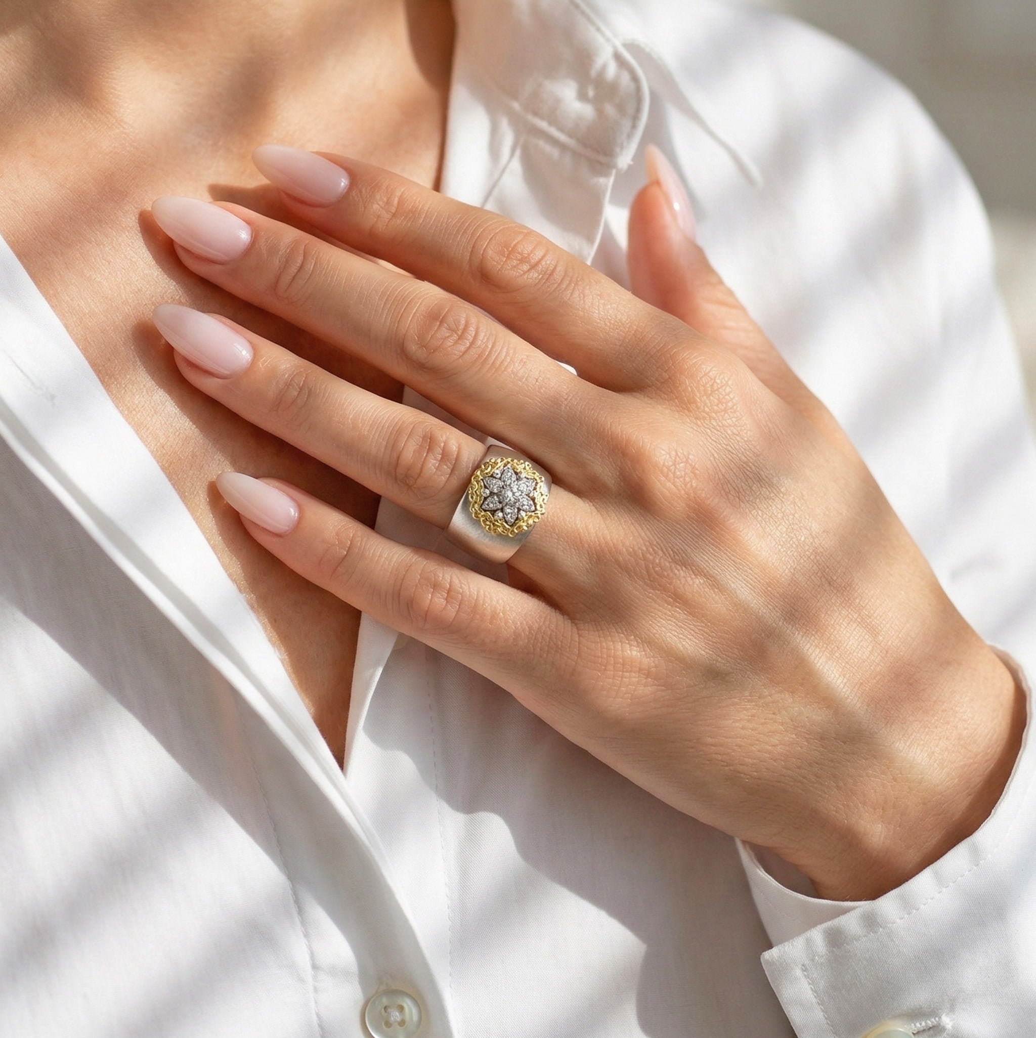 Stambolian Starburst 18K Two-Tone Gold Diamond Floral Cigar Band Ring Front View