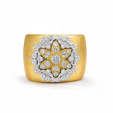 STARBURST 18K GOLD DIAMOND FLOWER WIDE BAND RING