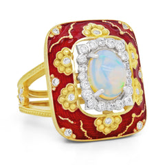 COLORS OF LIFE RED ENAMEL OPAL AND DIAMONDS RING