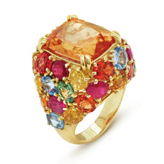 Stambolian 18K Gold Imperial Topaz Ring with Multi-Color Sapphire and Ruby Halo Front View