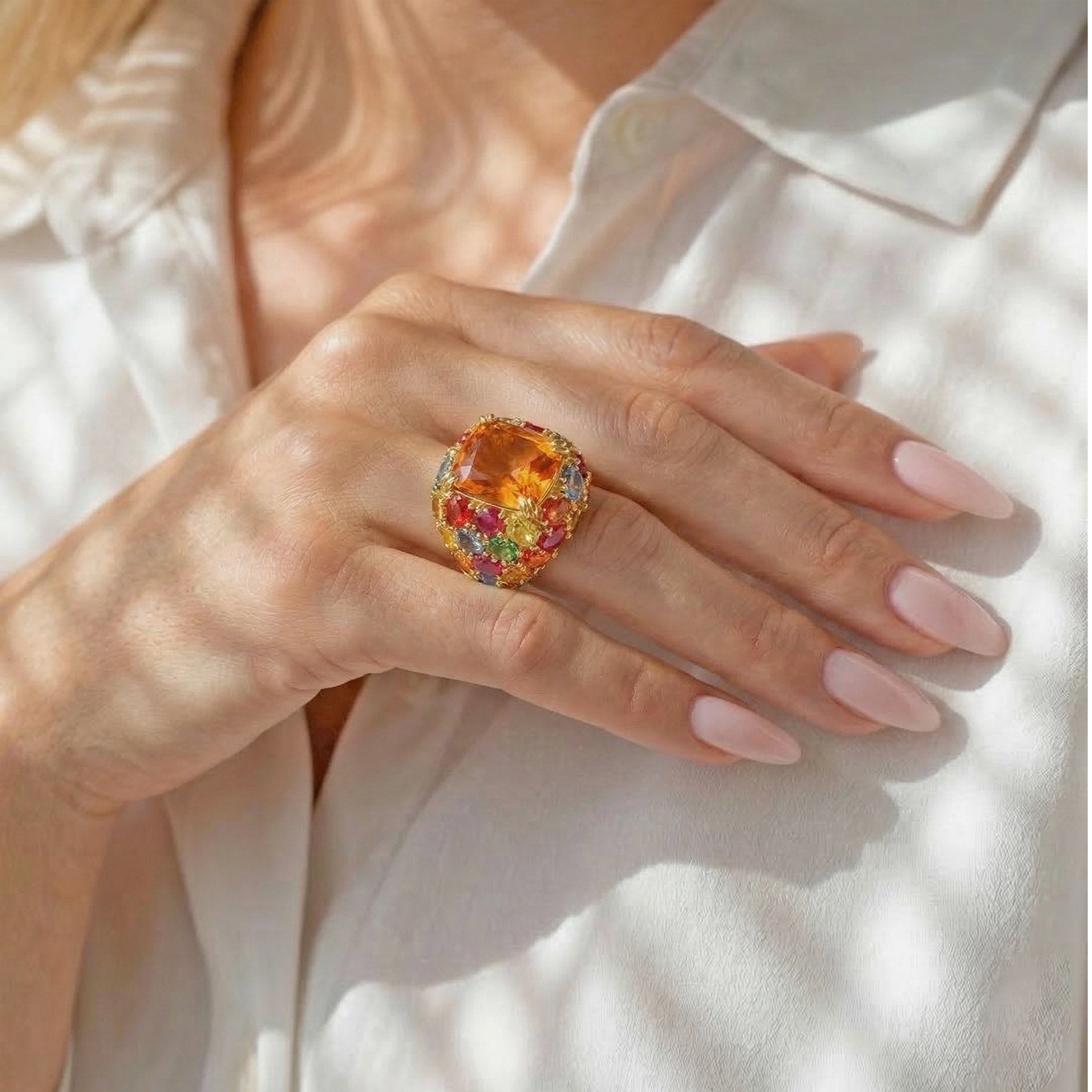 Stambolian 18K Gold Imperial Topaz Ring with Multi-Color Sapphire and Ruby Halo Front View