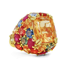 Stambolian 18K Gold Imperial Topaz Ring with Multi-Color Sapphire and Ruby Halo Front View
