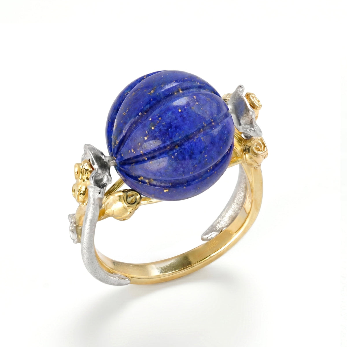 "Candy" 18K two-tone gold ring with carved lapis lazuli sphere and gold flowers, angled view