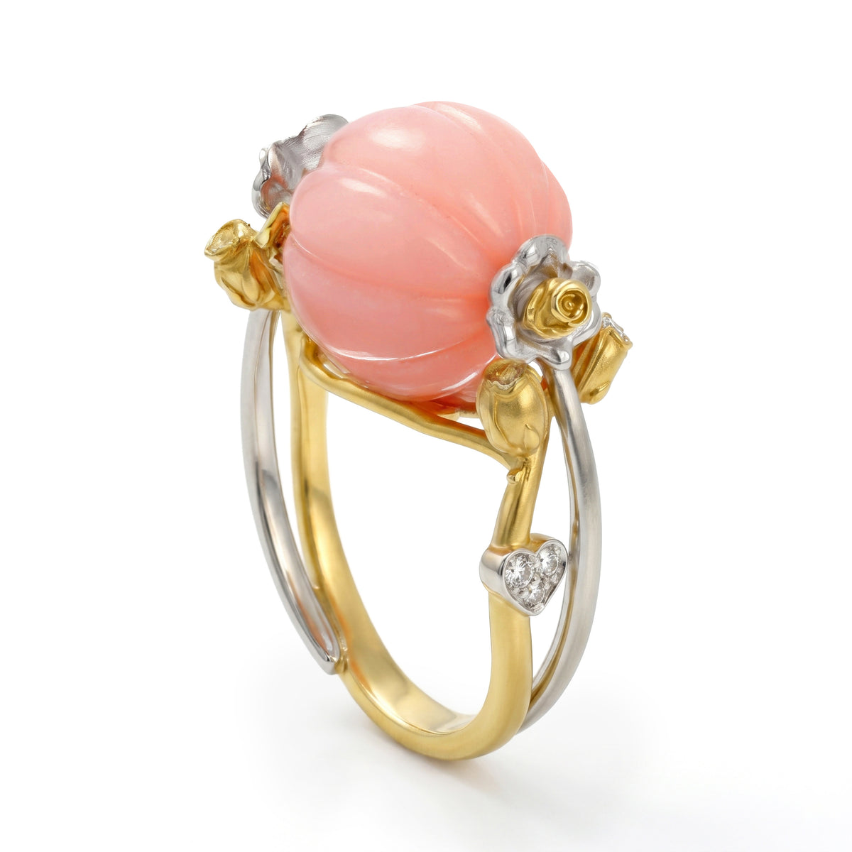 "Candy" flower roses ring in 18K two-tone gold with Peruvian pink opal center and diamonds, angled view