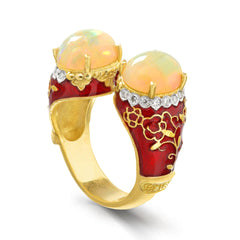 COLORS OF LIFE RED ENAMEL OPALS DIAMONDS RING