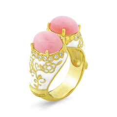 COLORS OF LIFE WHITE ENAMEL PINK OPALS AND DIAMONDS RING