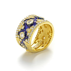 18K GOLD DIAMOND COBALT BLUE ENAMEL CIGAR BAND RING