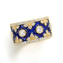 18K GOLD DIAMOND COBALT BLUE ENAMEL CIGAR BAND RING