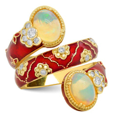 COLORS OF LIFE RED ENAMEL OPAL DIAMONDS WRAP AROUND RING