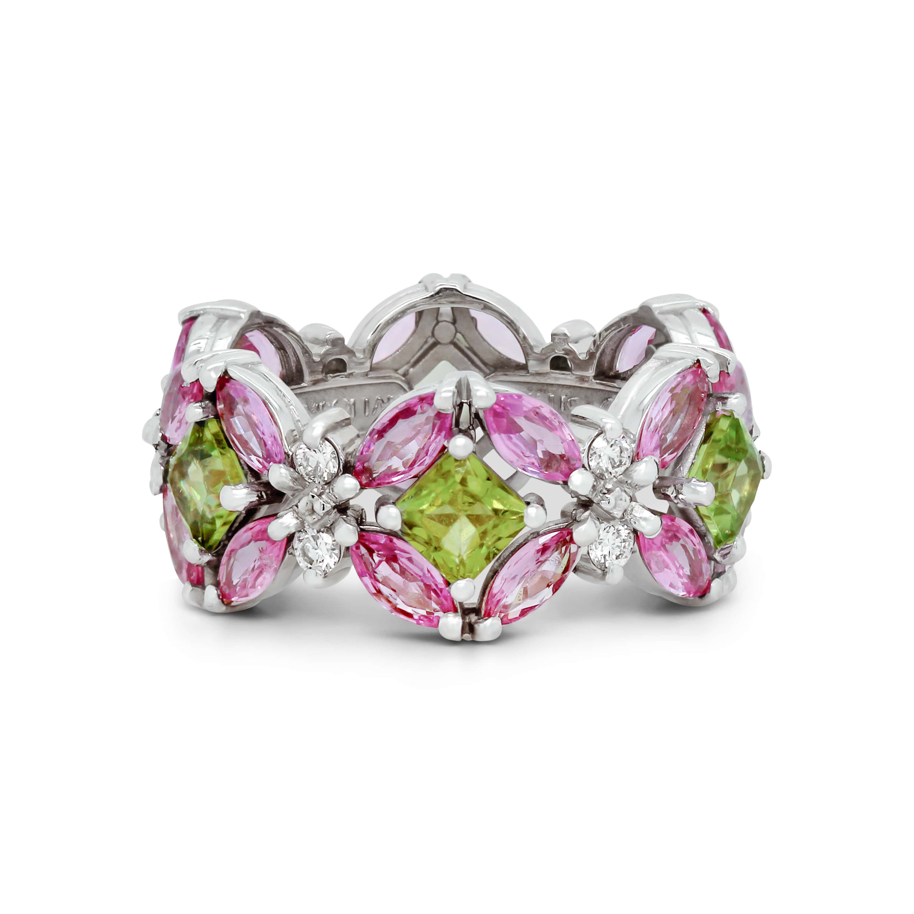 Stambolian 18K White Gold Band Ring with Pink Sapphires Peridot and Diamonds Front View