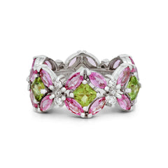 Stambolian 18K White Gold Band Ring with Pink Sapphires Peridot and Diamonds Front View