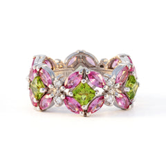 Pink Sapphire Peridot Diamond Floral Band Ring