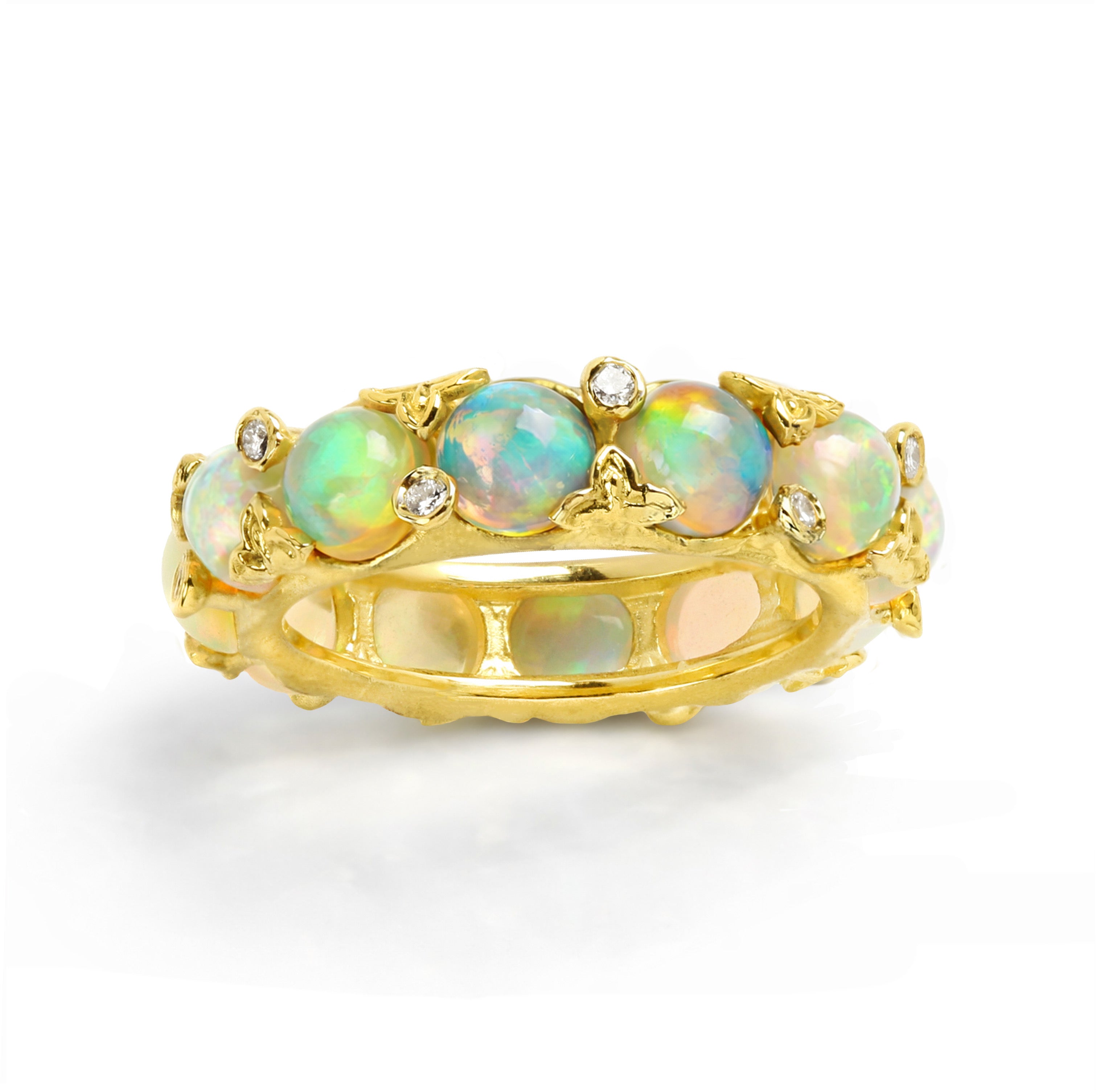 Stambolian 18K Gold Band Ring with Five Ethiopian Opal Cabochons and Diamond Accents