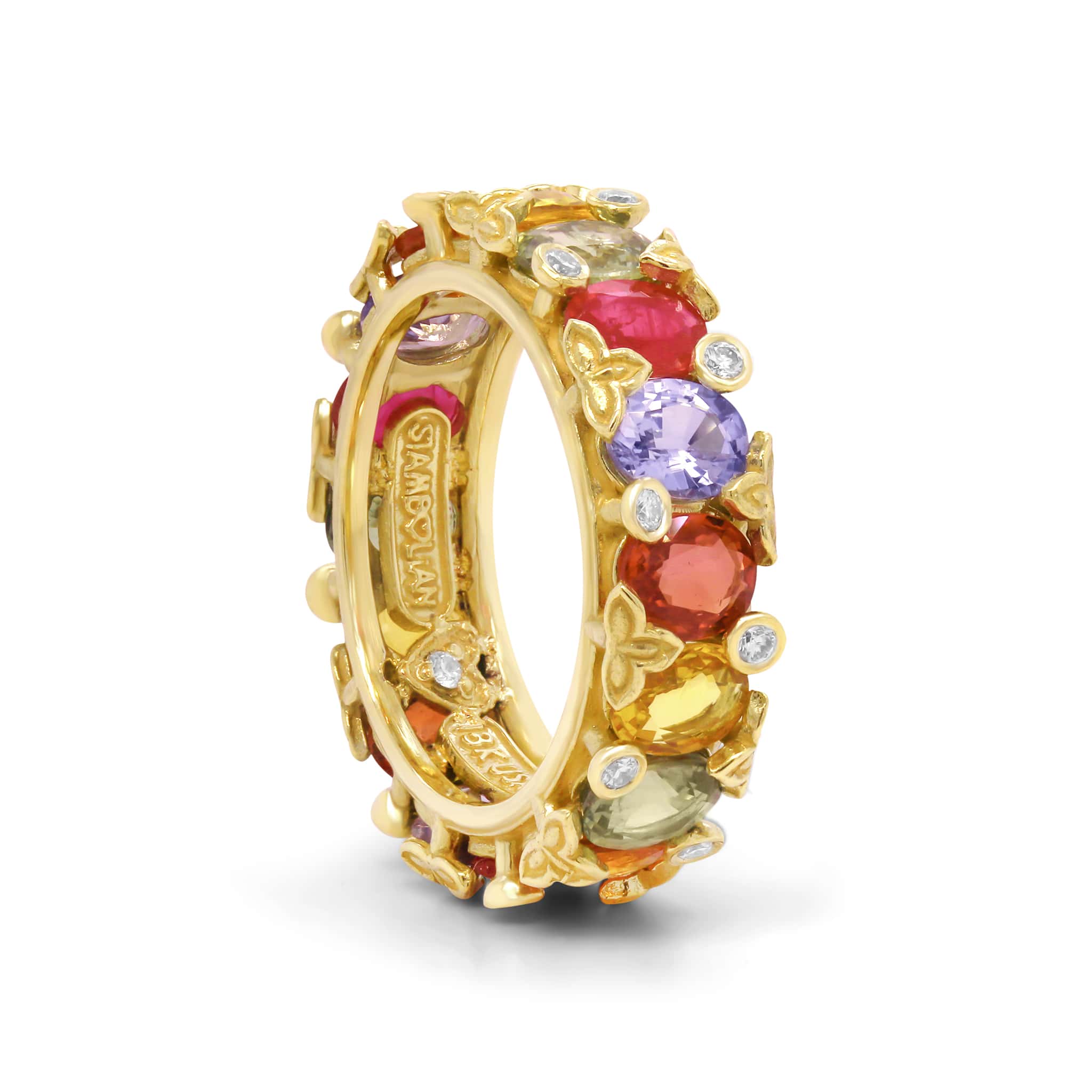 Stambolian 18K Gold Multi-Color Oval Sapphire and Diamond Band Ring Front View