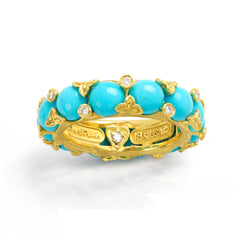 Stambolian 18K Gold Band Ring with Sleeping Beauty Turquoise and Diamond Floral Separators