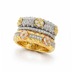 Stambolian 18K Tri-Color Gold Diamond Wide Cigar Band Ring Front View