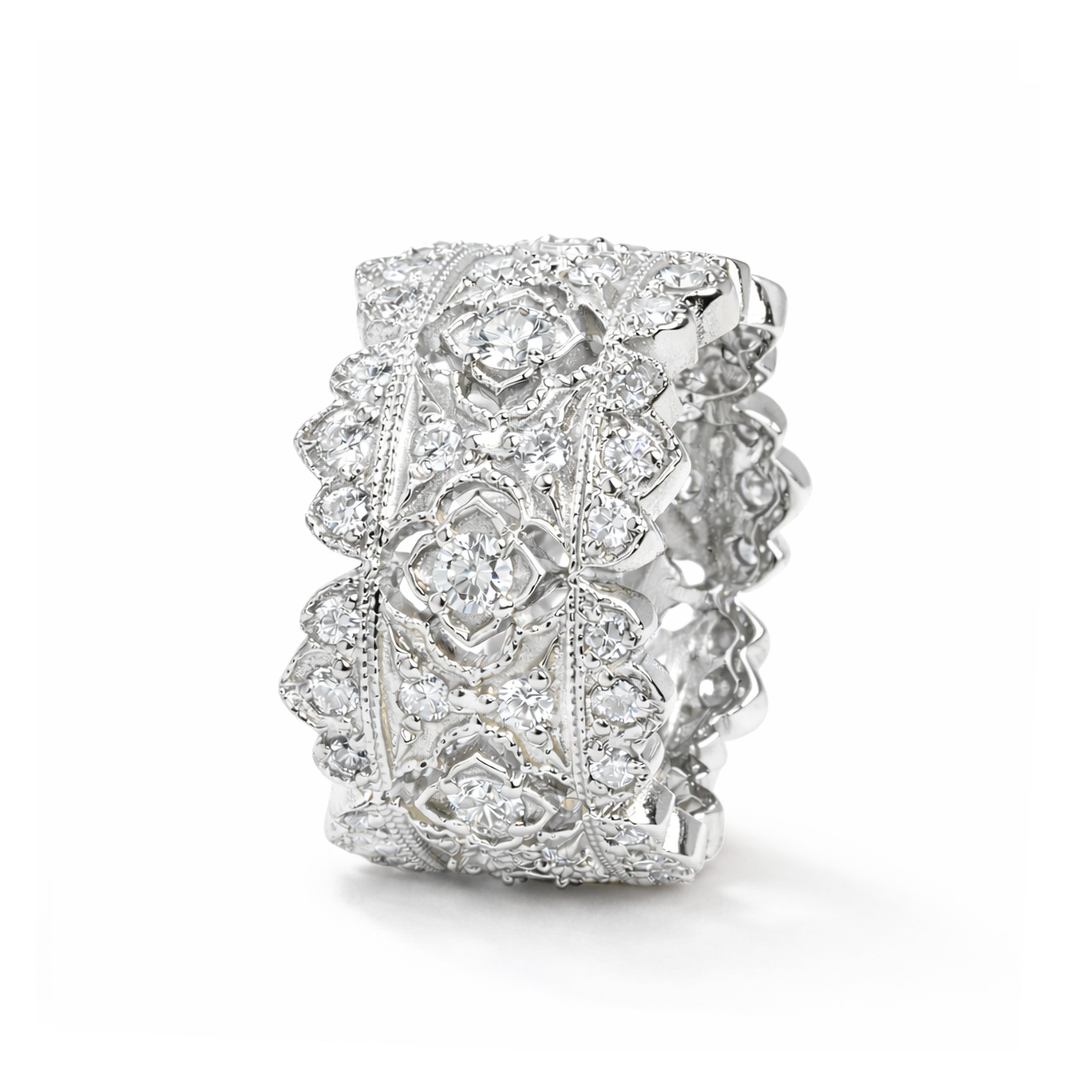 Stambolian Passion 18K White Gold Quatrefoil Diamond Band Ring Close-Up