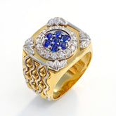 18K Two Tone Gold Blue Sapphire Diamond Men's Ring