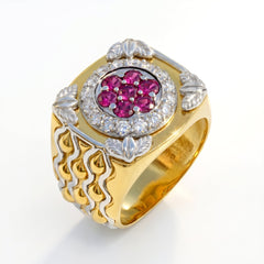Magenta Garnet and Diamond Two Tone Gold Men's Ring