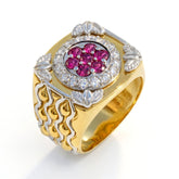 Magenta Garnet and Diamond Two Tone Gold Men's Ring